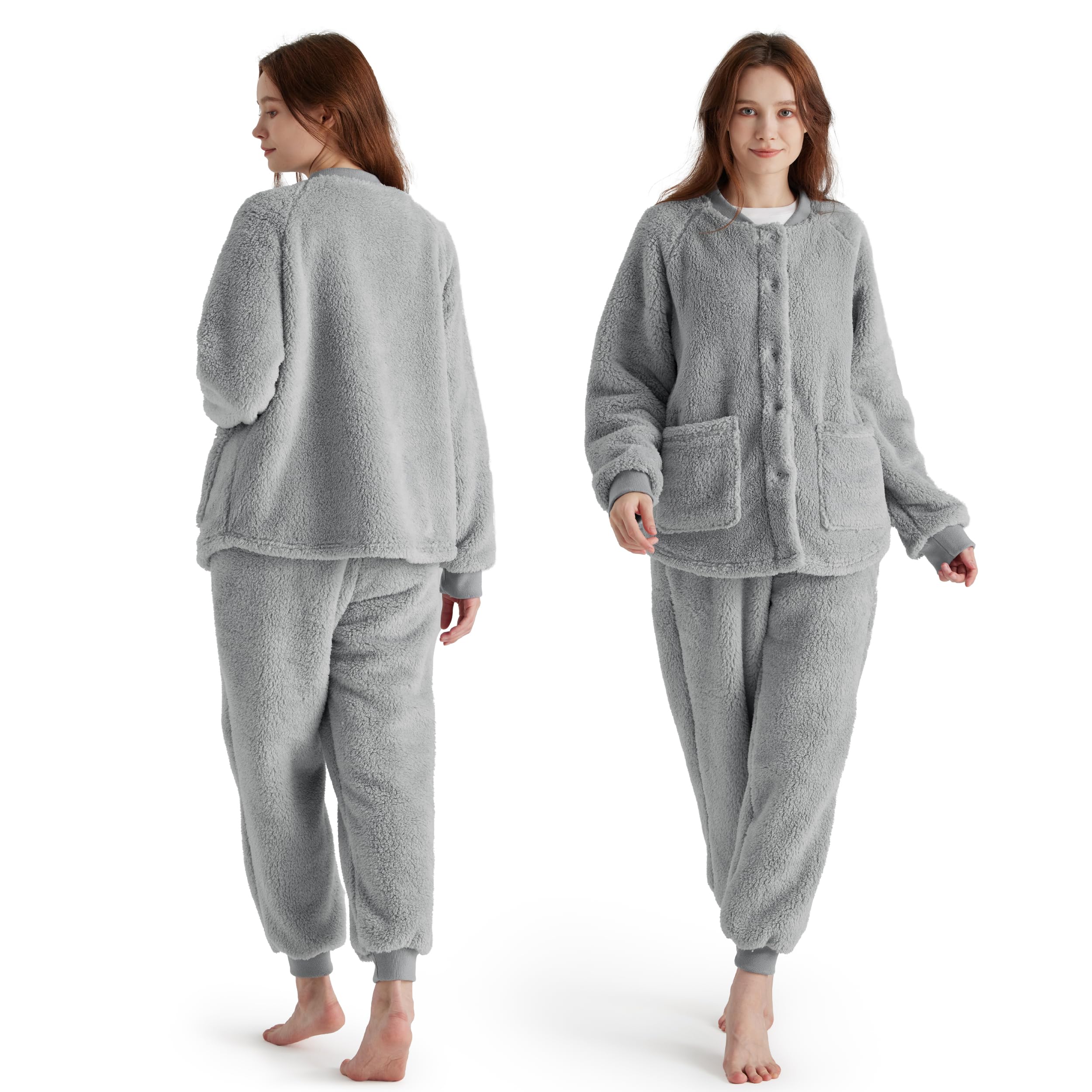 Bedsure Fleece Womens Pajama Sets, Fuzzy Pajama Loungewear, 2 Piece Warm Winter Sherpa Sleepwear Soft Cozy Long Sleeve Outfits G