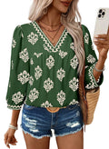 SHEWIN Blouses for Women Dressy Casual 2026 Fashion Trendy 3/4 Sleeve Flower Top Lightweight Cute Tops for Women Dark Green X-La