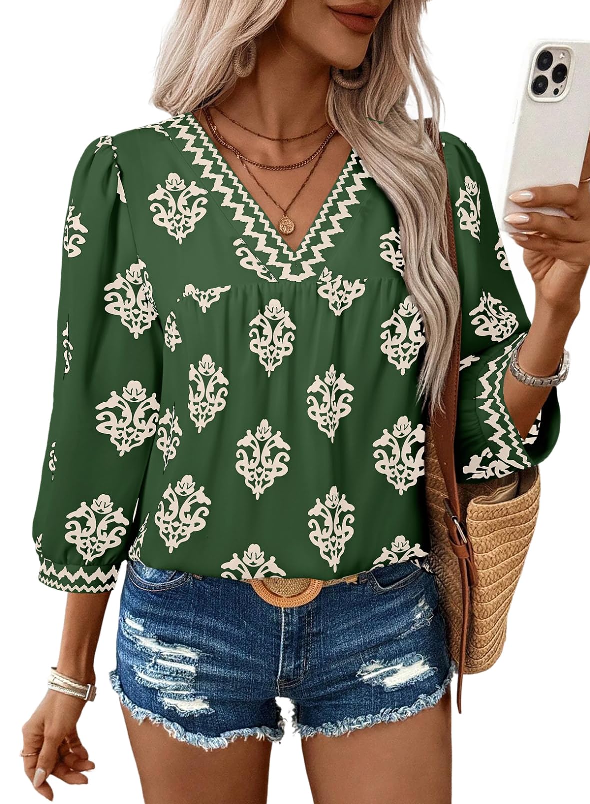 SHEWIN Blouses for Women Dressy Casual 2026 Fashion Trendy 3/4 Sleeve Flower Top Lightweight Cute Tops for Women Dark Green X-La