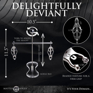 MASTER SERIES Tower of Pain Nipple Clamps for Women & Couples. Stainless Steel and Acrylic. Clover-Style Clamps and Adjustable H