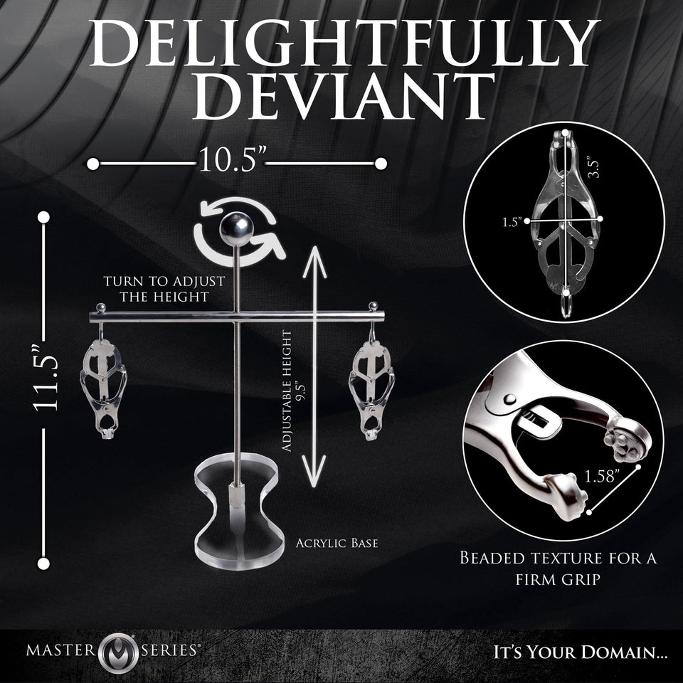 MASTER SERIES Tower of Pain Nipple Clamps for Women & Couples. Stainless Steel and Acrylic. Clover-Style Clamps and Adjustable H