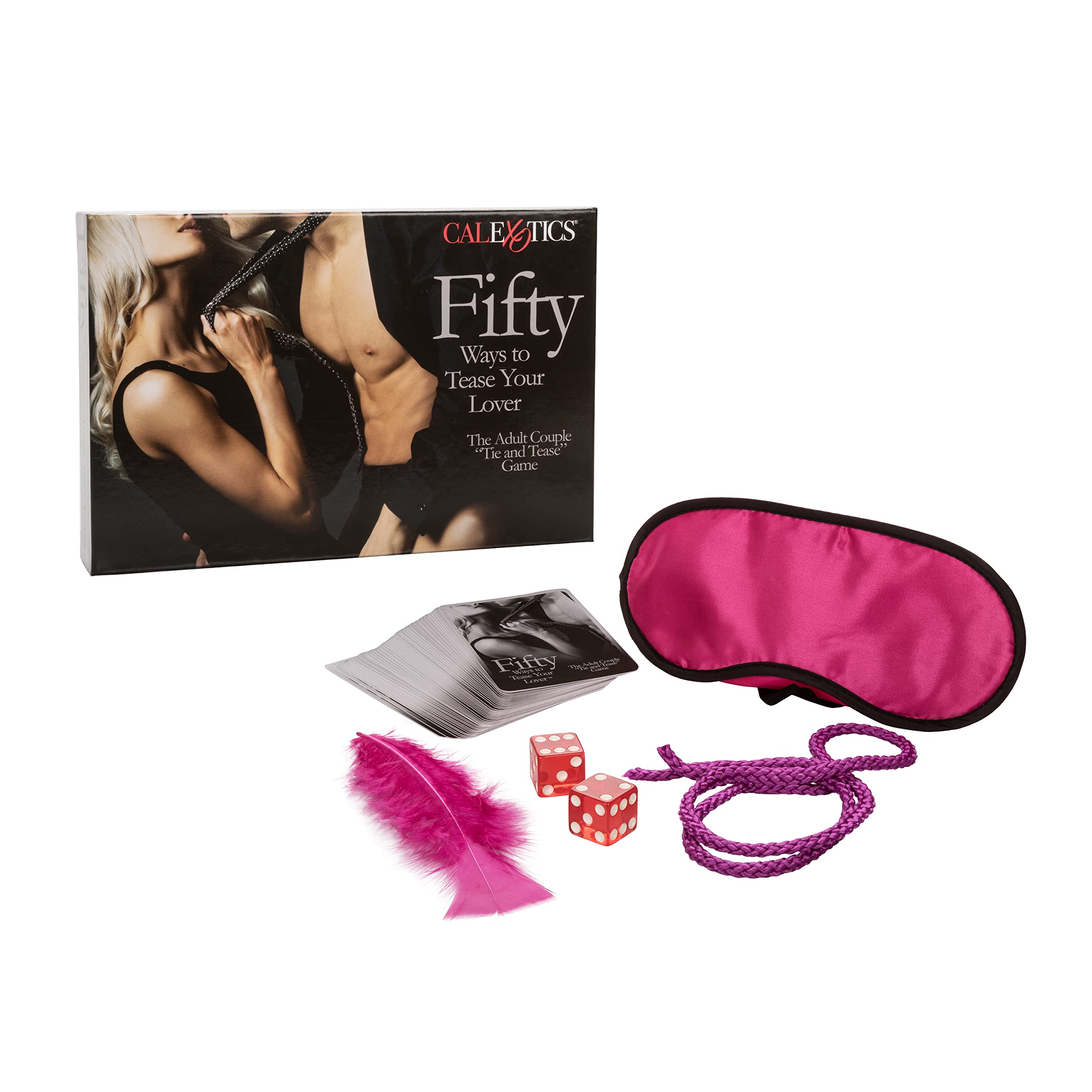 CalExotics Fifty Ways to Tease Your Lover -Sex Card Game with Blindfold Restraint Rope Dice & Feather Tickler Adult Sex Toys For