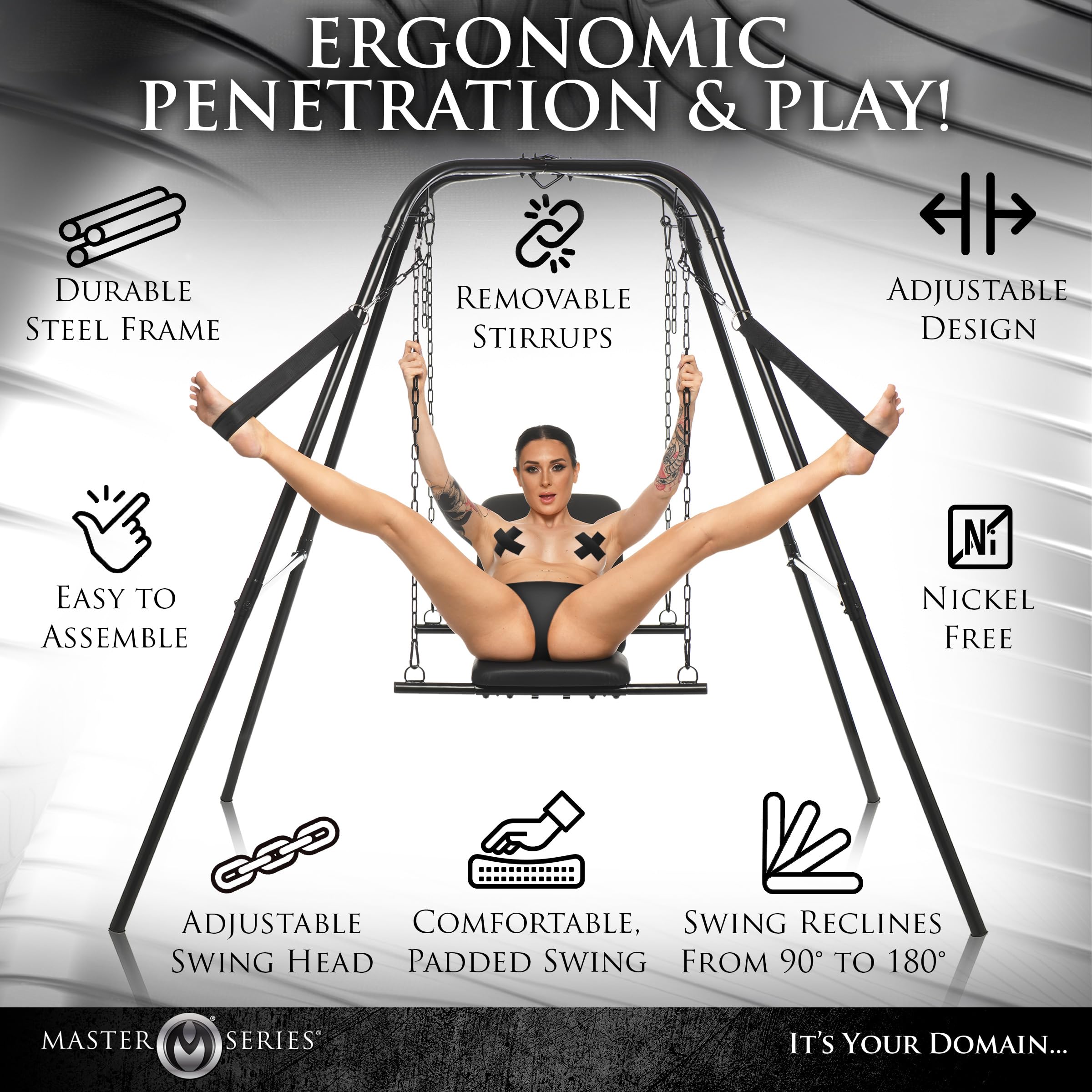 Master Series Adjustable Swing With Stand For Men, Women & Couples. Adjustable Height And Angle Sex Swing. Comfortably Padded An