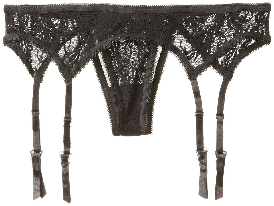 Elegant Moments Womens Plus-Size Queen Size Lace Garter Belt And Thong Set Black