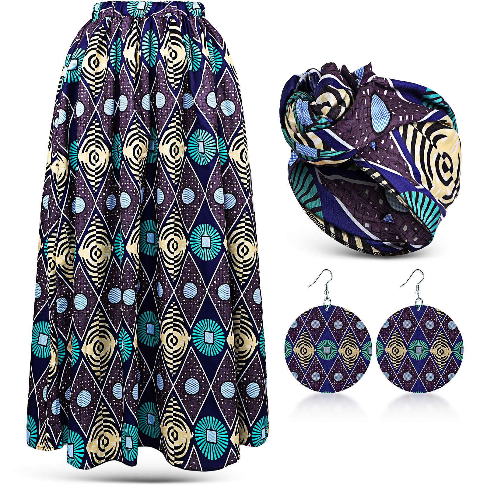 Haysandy 3 Pcs Women African Printed Maxi Skirt with Pockets Set Casual Stretch Head Wrap Scarf Drop Dangle Earrings (XL,Retro S