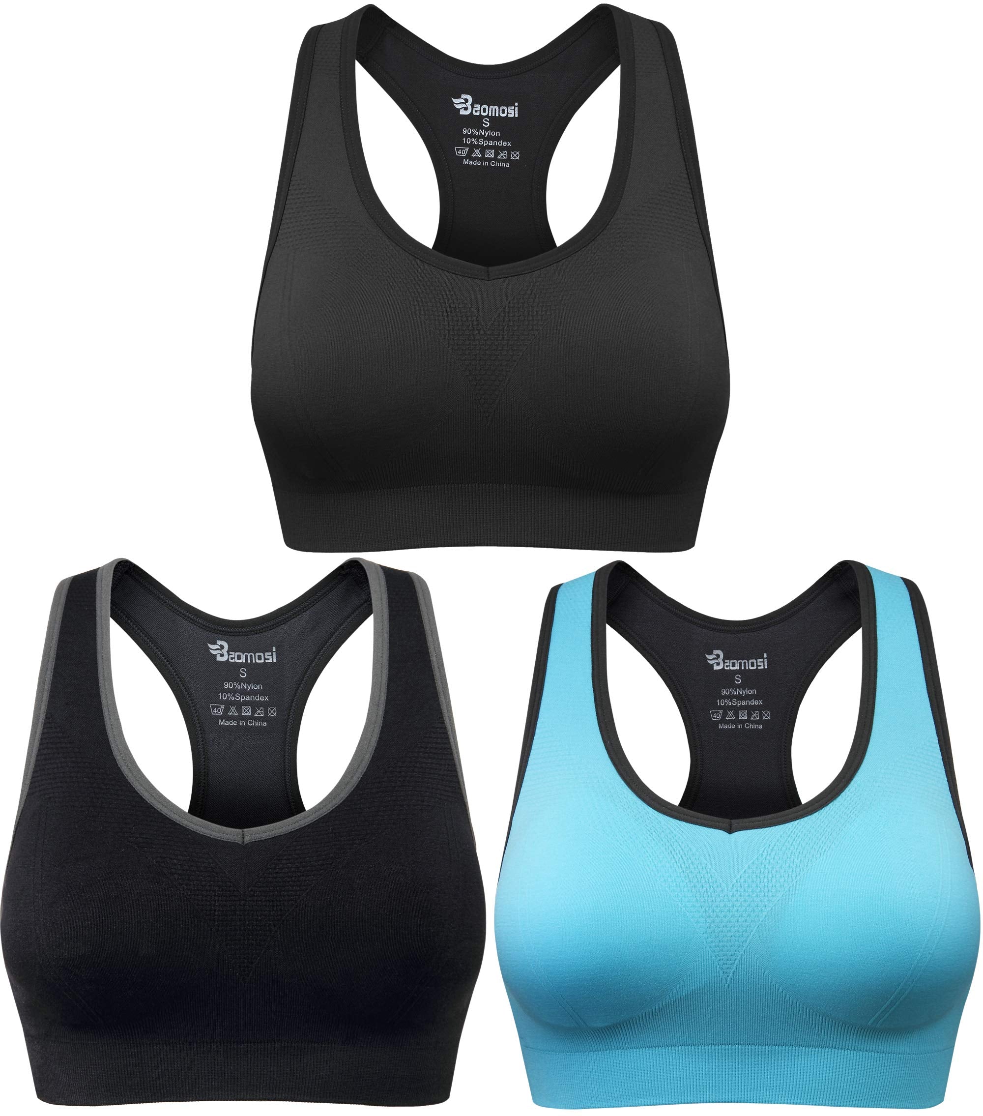 BAOMOSI Womens Seamless Racerback Sports Bra High Impact Support Yoga Gym Workout Fitness Black Blue Grey M