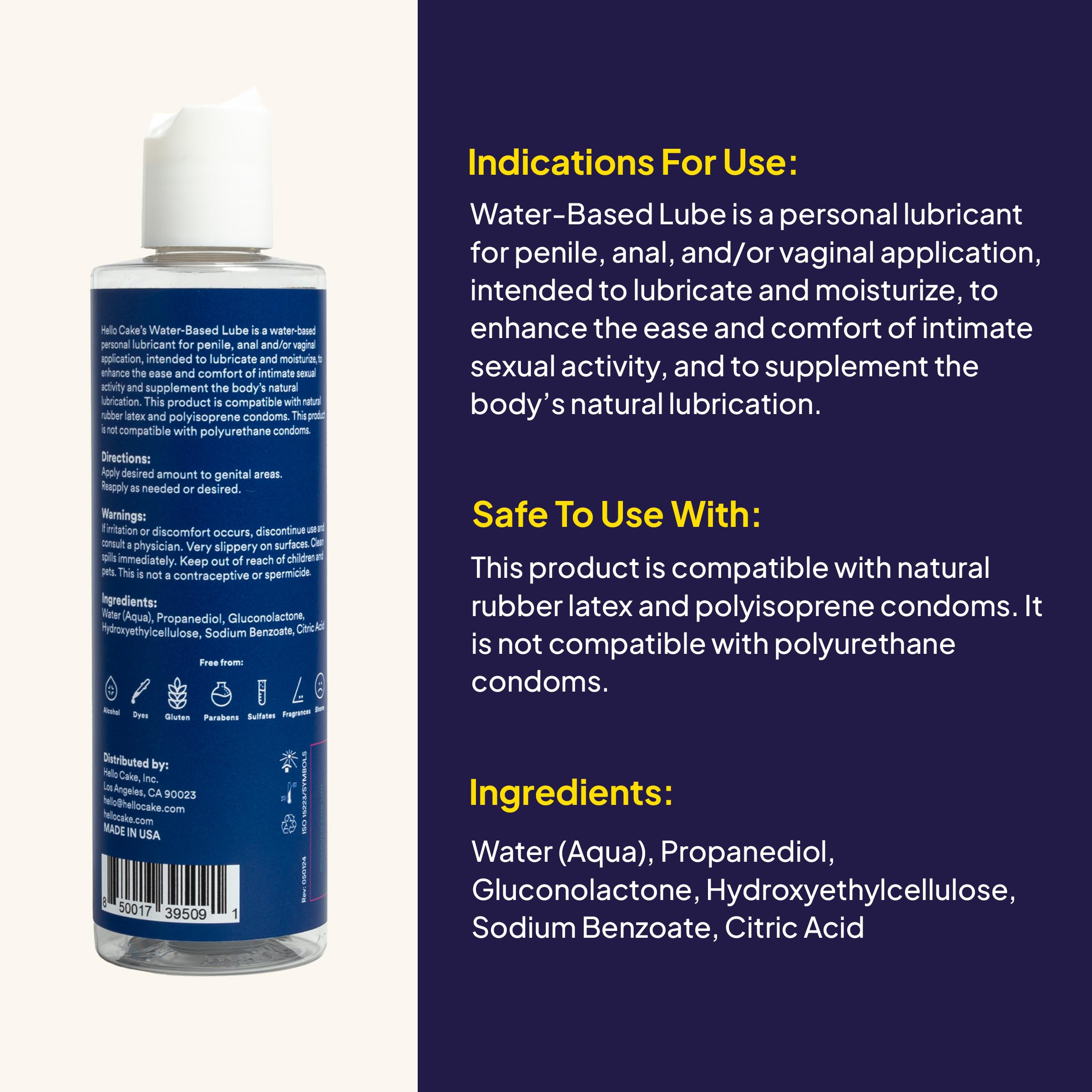 Hello Cake Water-Based Personal Lubricant - pH-Balancing Lube - Non-Sticky, & Long-Lasting Glide for Men, Women, and Couples, 8