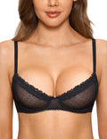 DOBREVA Womens Balconette Lace Bra See Through Demi Sheer Mesh Plus Size Underwire Black 34B