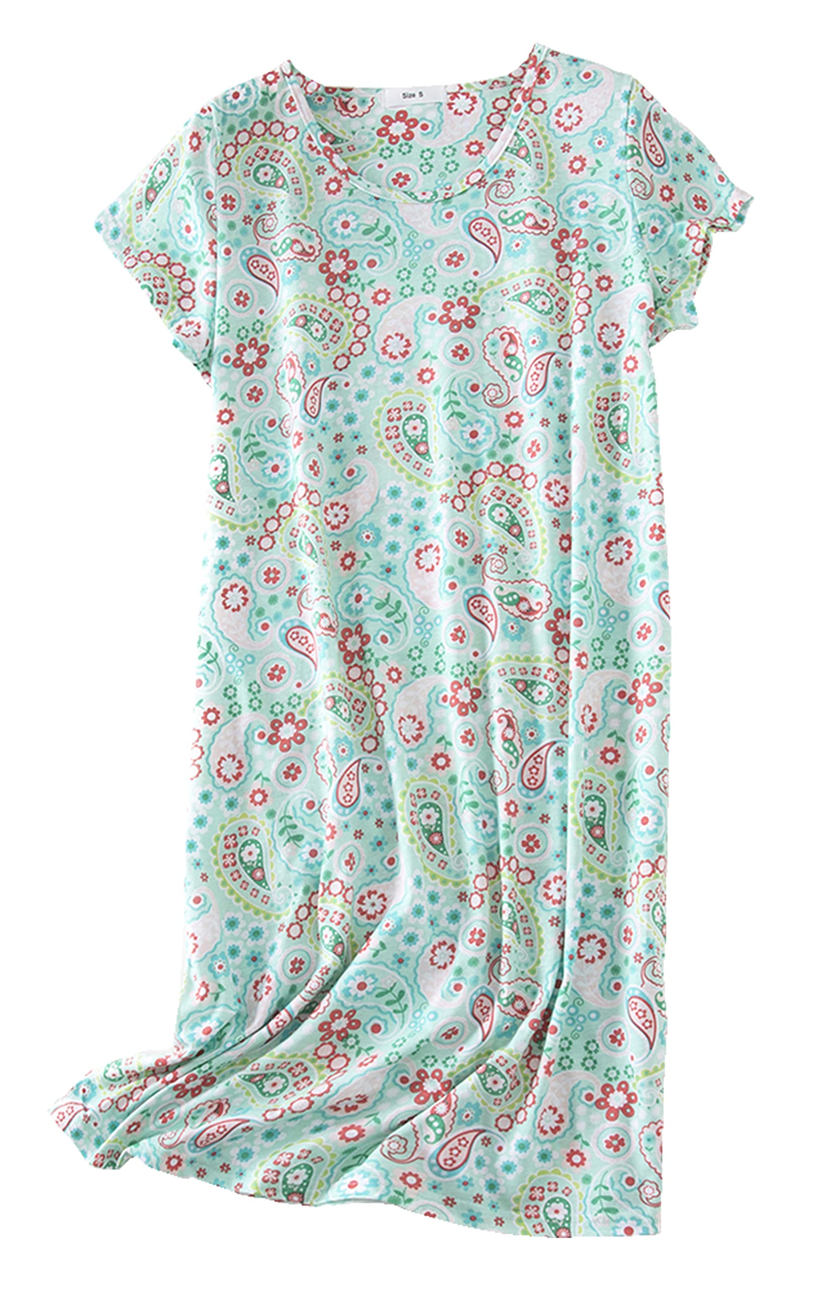 PNAEONG Women s Cotton Nightgown Sleepwear Short Sleeves Shirt Casual Print Sleepdress XTSY108-Green Flower-S