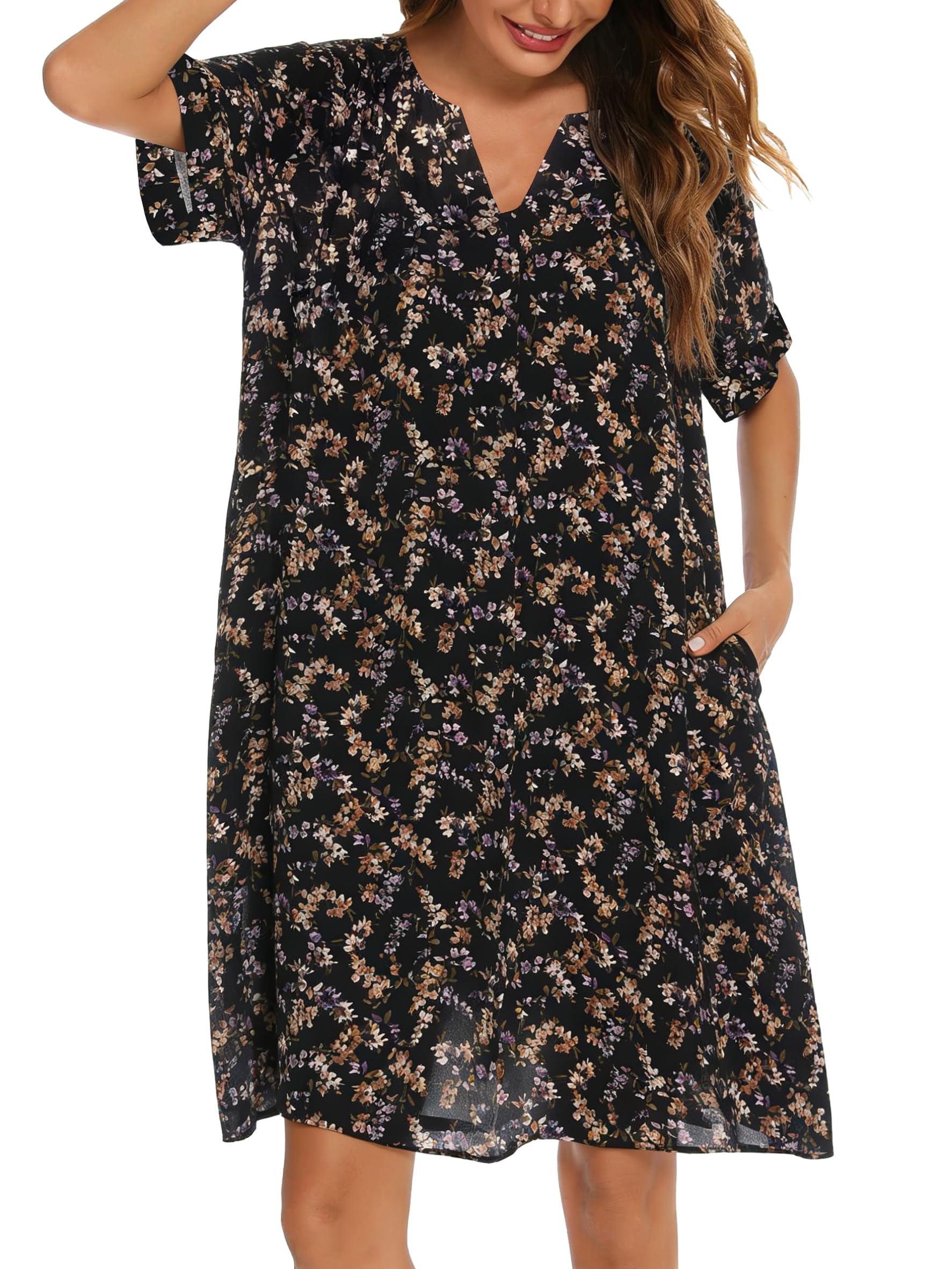 YOZLY House Dress Women Cotton Duster Robe Short Sleeve Housecoat Button Down Nightgown Purple Floral XX-Large