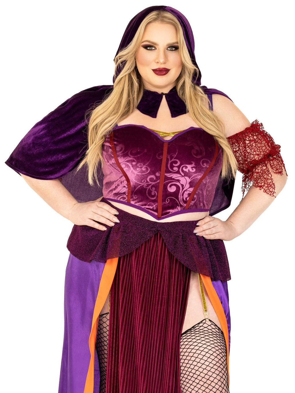 3 Pc Black Magic Babe, Includes Velvet Crop Top With Net Sleeves, Dual Slit Long Skirt With Glitter Elastic Garter, And Collared