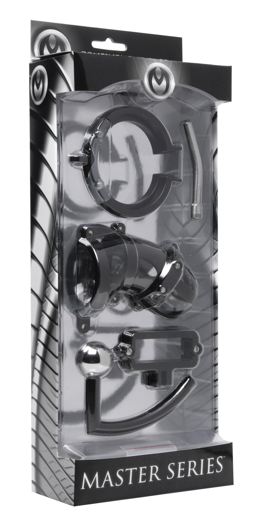 Master Series Male Chastity Cage With Ball Clamp And Anal Hook, Black