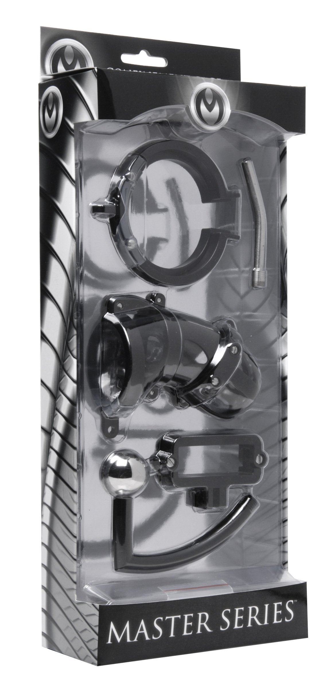 Master Series Male Chastity Cage With Ball Clamp And Anal Hook, Black