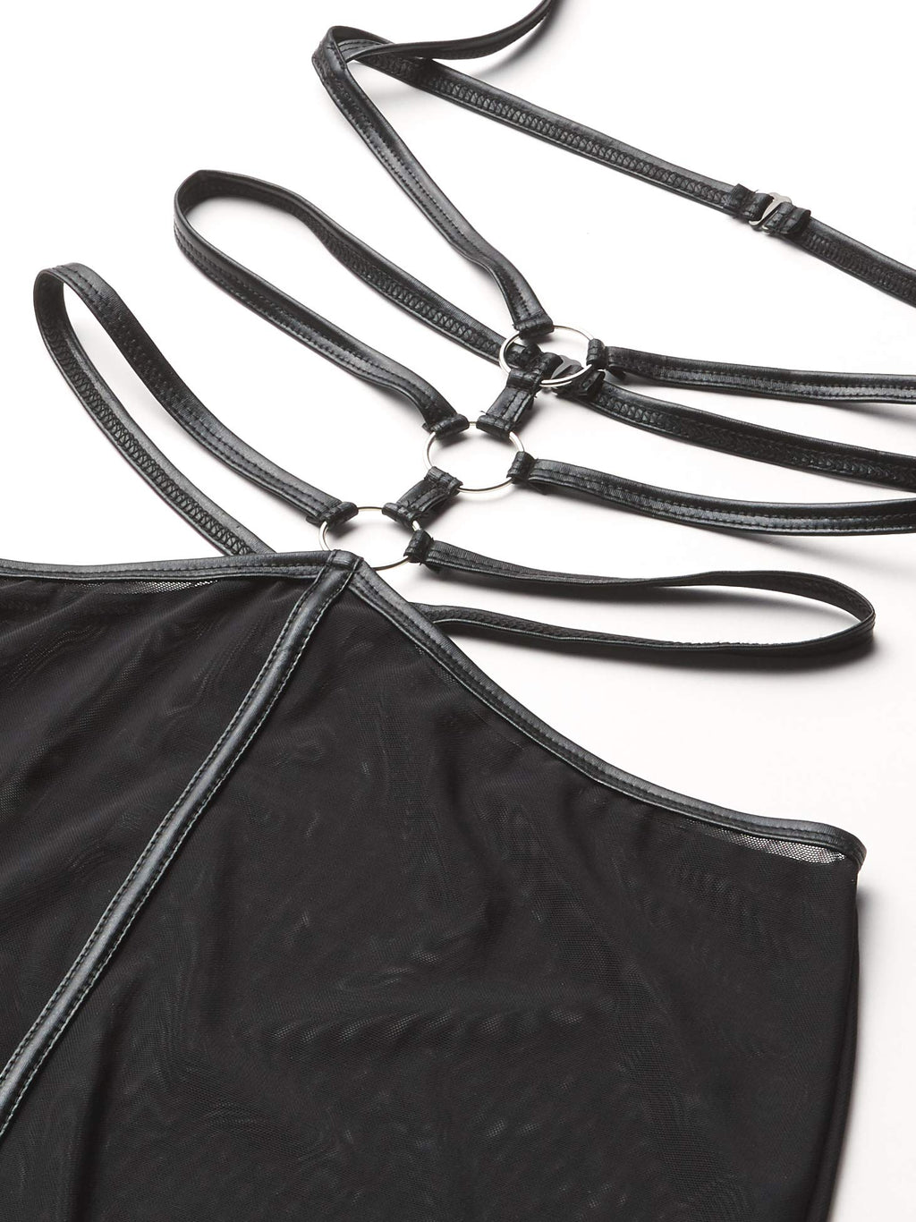 2 Pc Cage Strap O-Ring Harness Mini Dress With Attached Leash And Matching Eye Mask.
