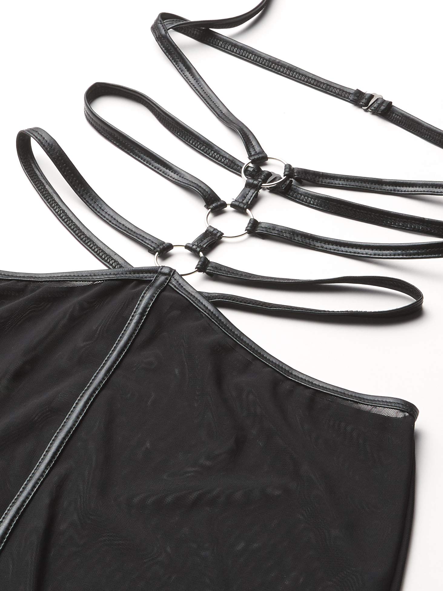 2 Pc Cage Strap O-Ring Harness Mini Dress With Attached Leash And Matching Eye Mask.