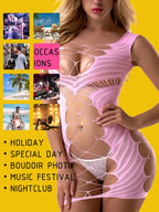 Fasicat Sexy Lingerie For Women Fishnet Halter Chemise Deep V Hot Mesh Mini Dress Bodysuit Pink