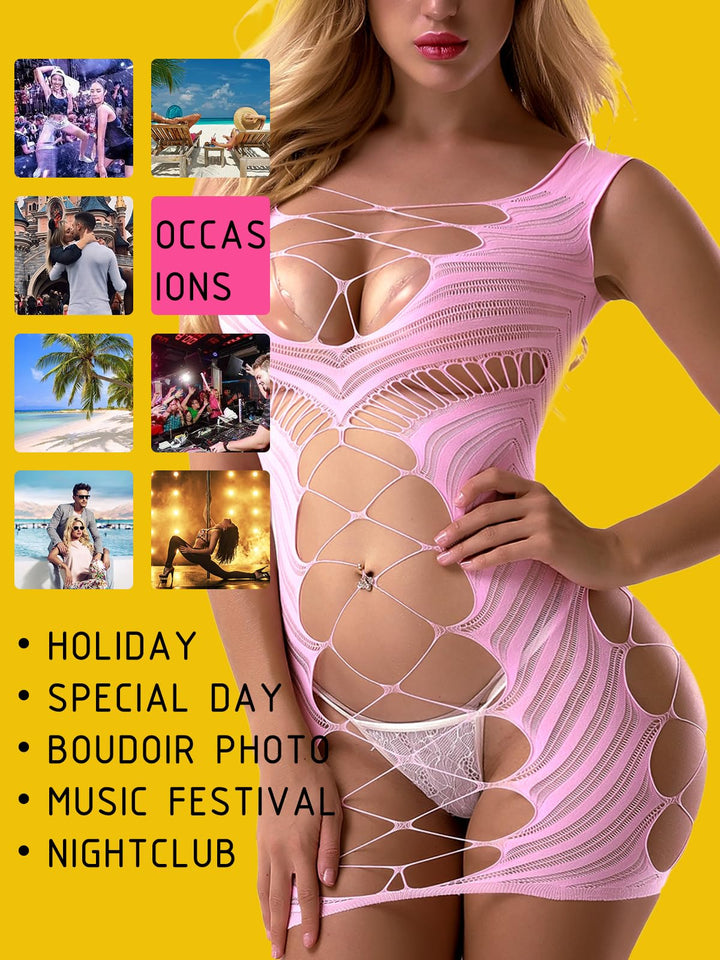 Fasicat Sexy Lingerie For Women Fishnet Halter Chemise Deep V Hot Mesh Mini Dress Bodysuit Pink