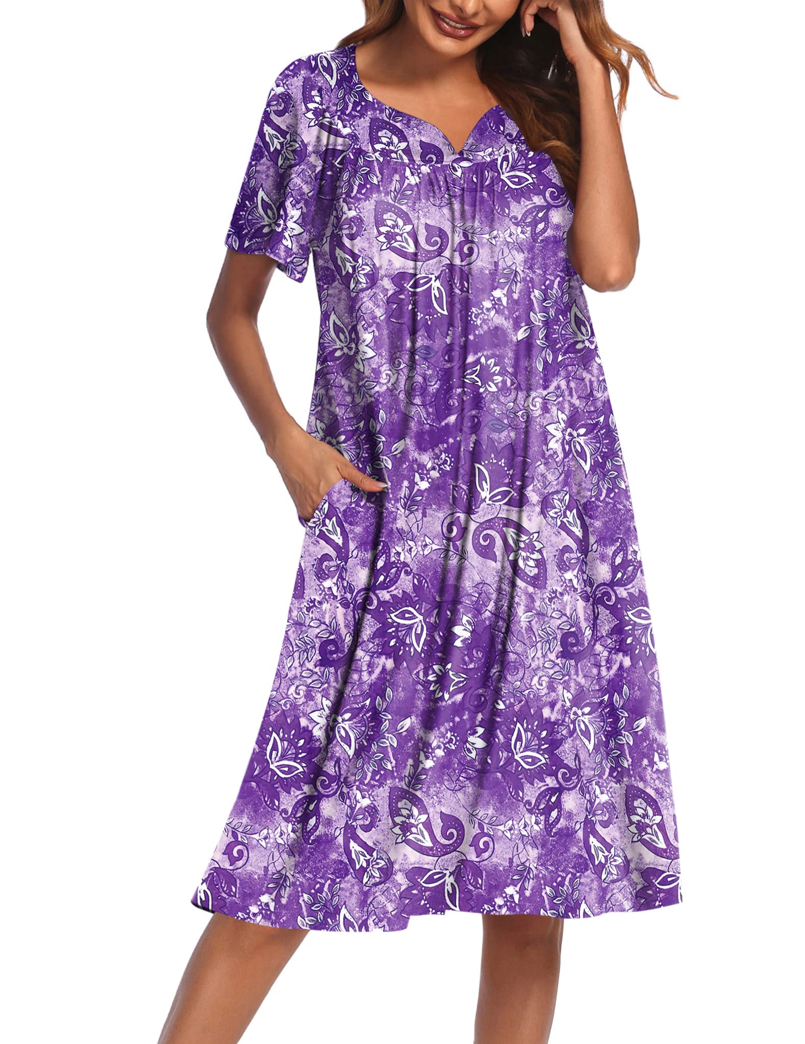 Ekouaer Womens House Dress with Pockets Floral Purple