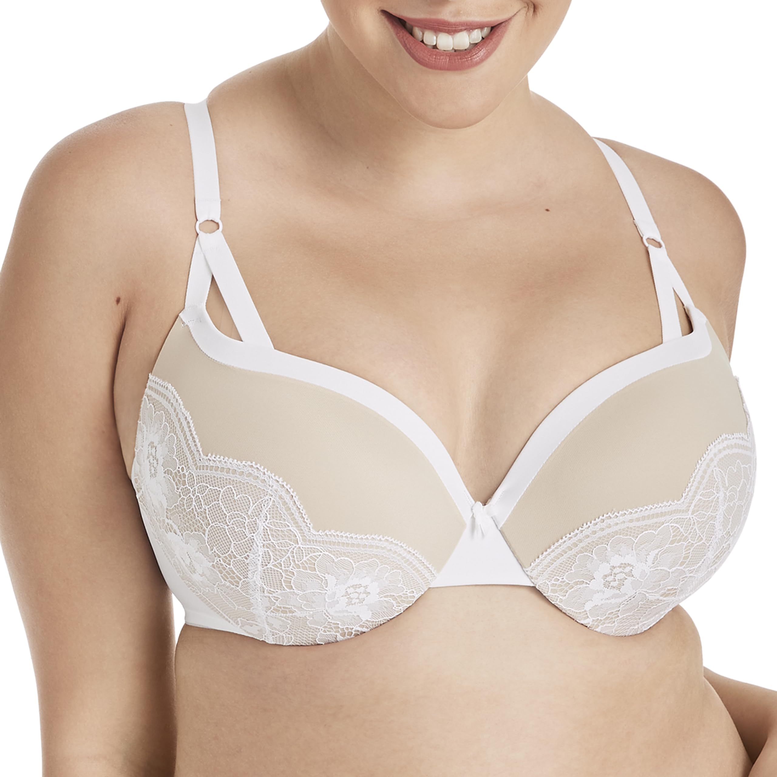 Maidenform Underwire Demi Bra, Best Push-Up Bra with Wonderbra Technology, Smoothing Lace-Trim Bra with Push-Up Cups, White/Pari