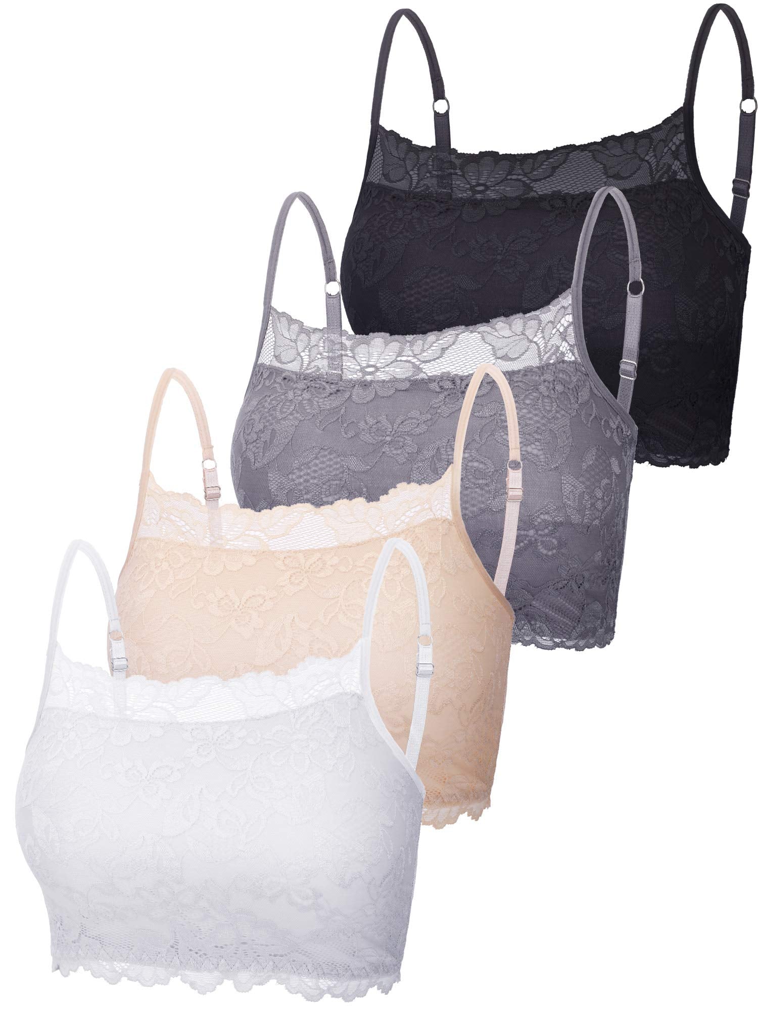 New 4 Pieces Womens Lace Cami Stretch Lace Half Cami Breathable Lace Bralette Top for Women Girls (Black, White, Beige, Grey, X