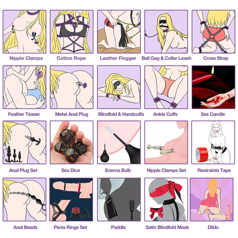 Sex Toys BDSM Restraints Dildo, 36Pcs Kit Bondage Gear and Accessories for Adult Women and Couples (Purple, 36 Piece Set)