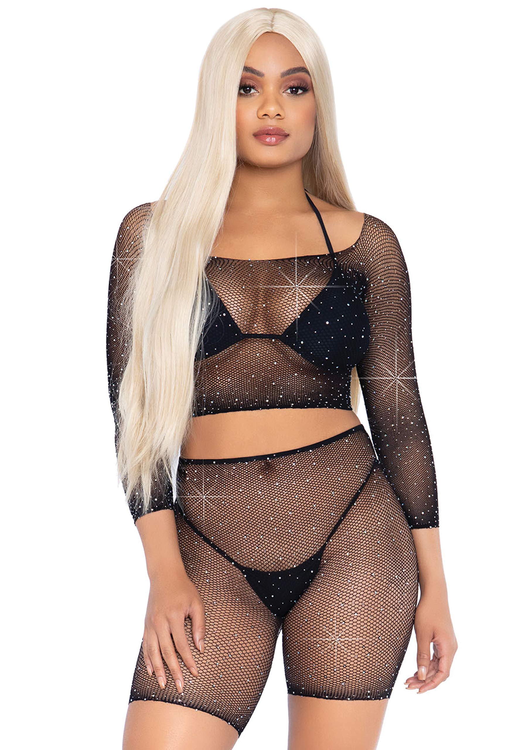 2 Pc Rhinestone Fishnet Long S - O/S / Black