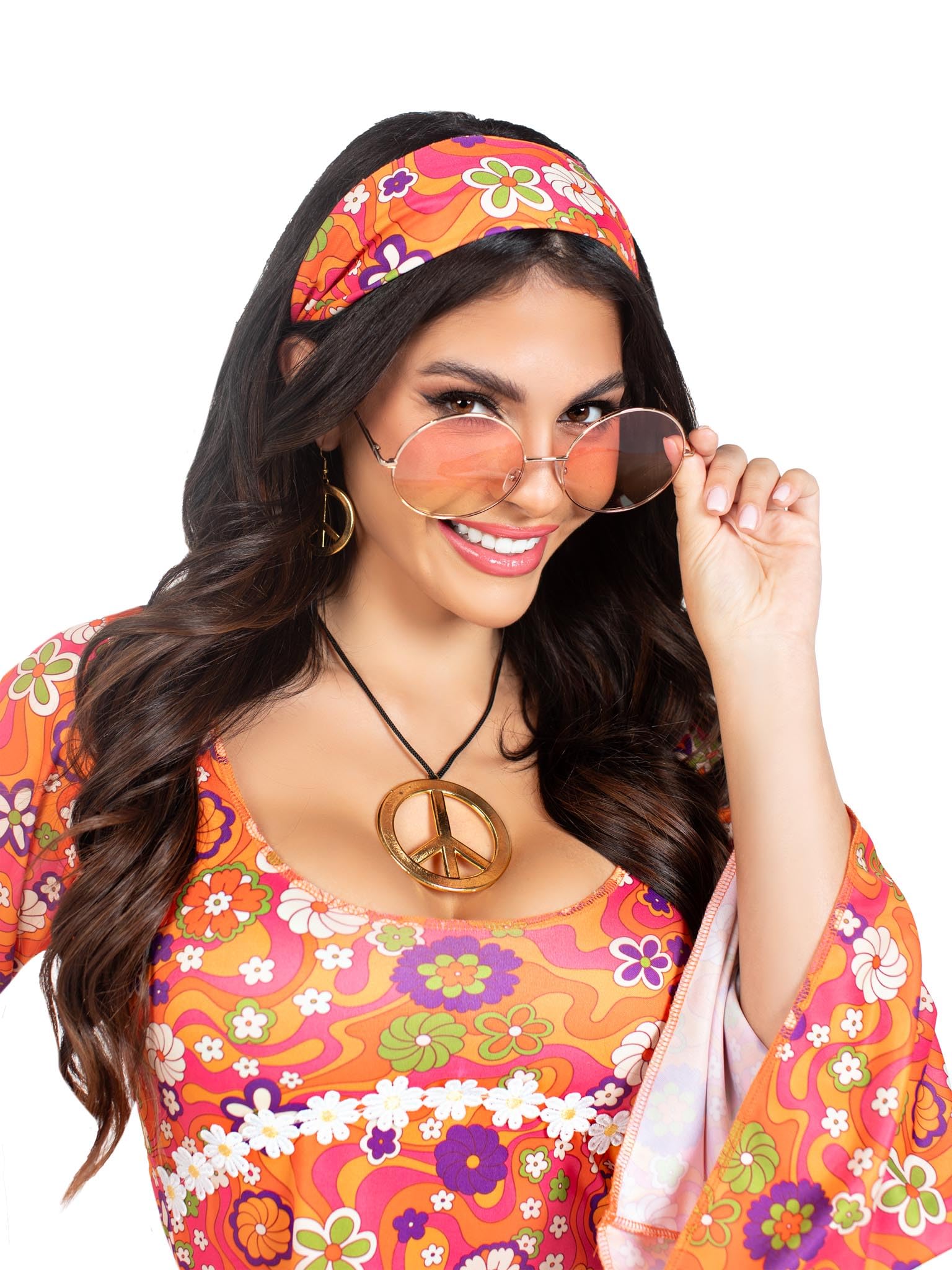 6 PC Hippie Chick, includes bell sleeve empire waist dress, head scarf, fringe leg warmers, peace sign necklace, earrings, and s
