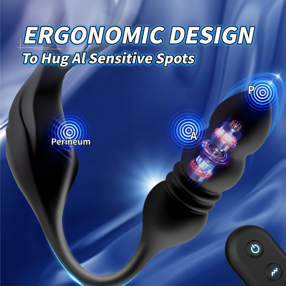 Thrusting Anal Vibrator Prostate Massager, Vibrating Cock Ring, Remote Control Anal Butt Plug, 9 Vibration Modes, Anal Bead,Male