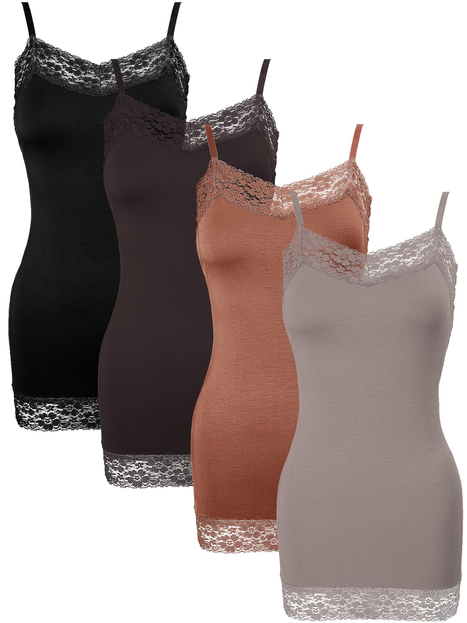 Bencailor 4 Pcs Womens Long Tank Tops, Lace Camisole Neck Cami Adjustable Spaghetti Strap Undershirts for Women (Large,Black,Br