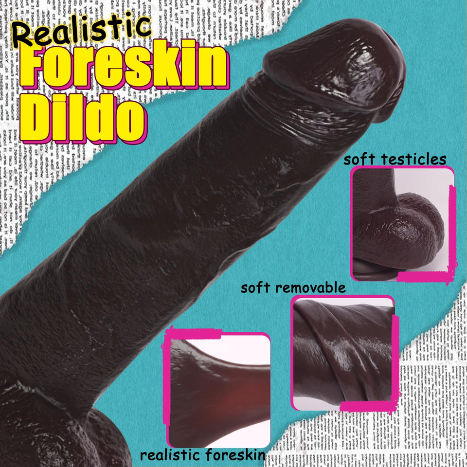 Huge Dildo,10.5 Inch Realistic Movable Foreskin Black Dildos,Long Thick Penis Dildo Adult Sex Toys for Women,Double Liquid Silic
