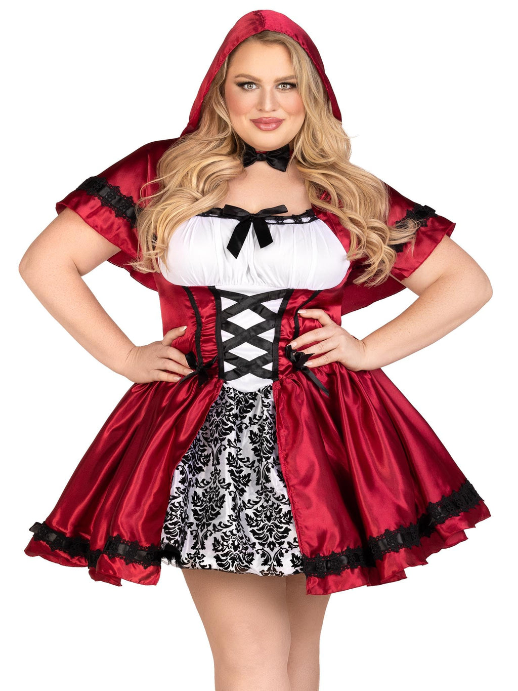 Plus Size 2 Pc Gothic Red Riding Hood Costume, Includes Satin And Brocade Peasant Dress With Woven Ribbon Venice Lace Trim And H