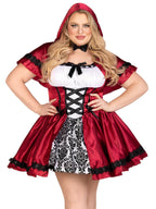 Plus Size 2 Pc Gothic Red Riding Hood Costume, Includes Satin And Brocade Peasant Dress With Woven Ribbon Venice Lace Trim And H