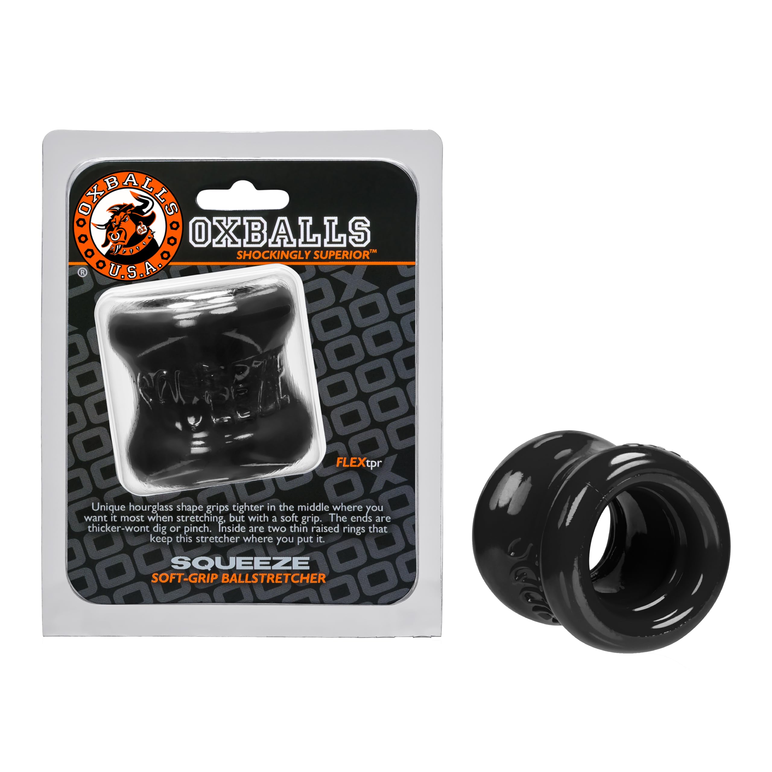 Oxballs Squeeze Ballstretcher - Super Stretchy FLEXtpr Sack Stretcher - Ergonomic Curved Design for Comfort & Grip - Adjustable 