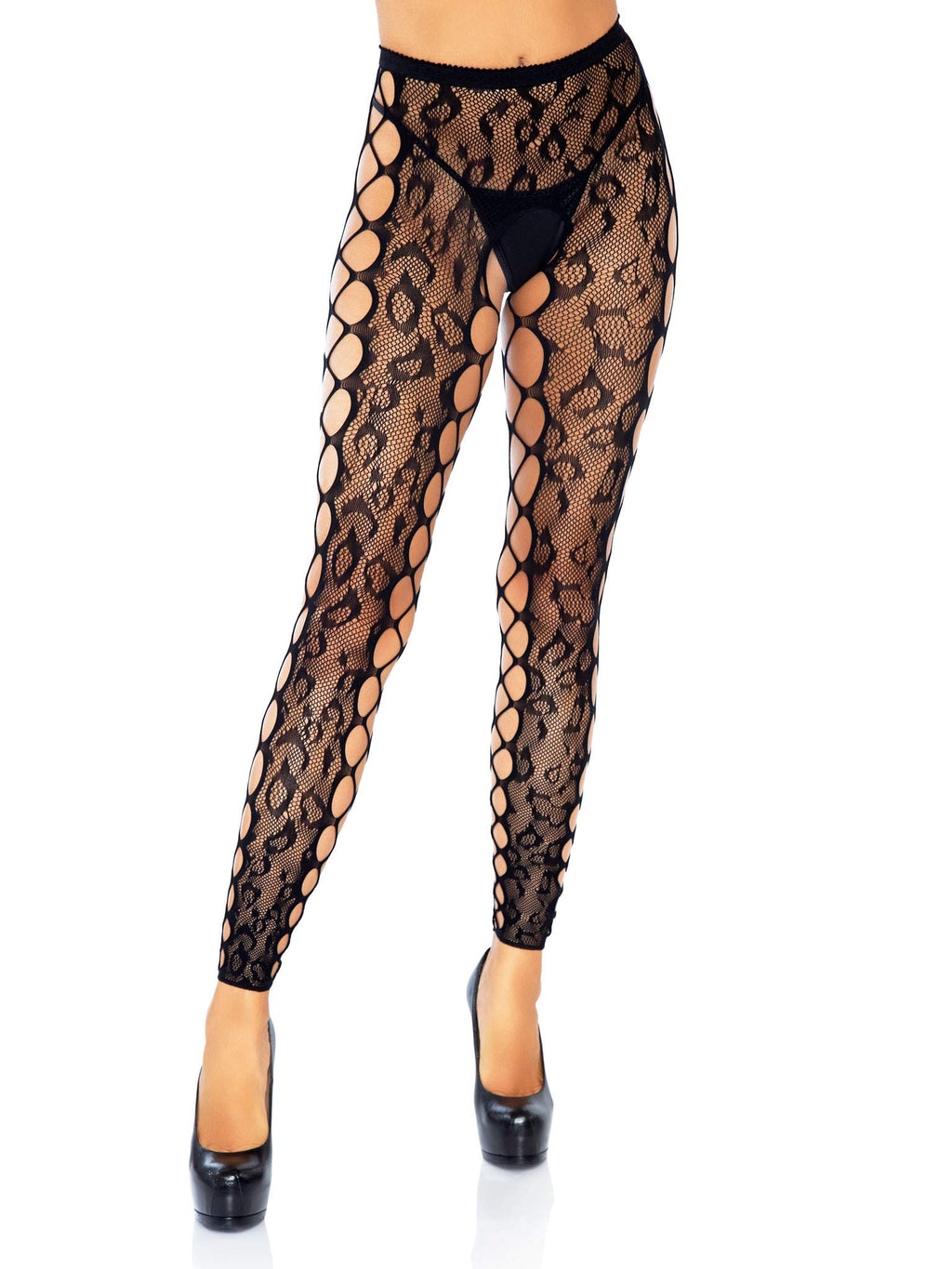 Leopard Lace Footless Crotchle - O/S / Black