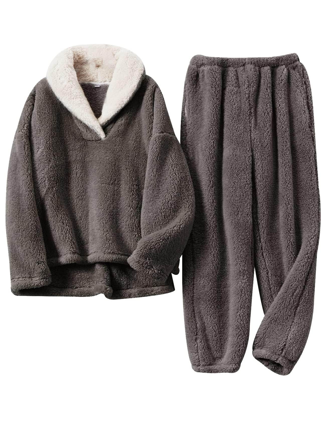 Gihuo Women s Fluffy Pajamas Set Fleece Pullover Pants Loose Plush Sleepwear 2 Piece Pjs Set Warm Loungewear Fuzzy(DarkGrey-XL)