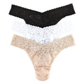 hanky panky - Signature Lace Original Rise Thongs for Women (3 pack) | One Size (4-14) | Black/White/Chai | No VPL, Soft Nylon S