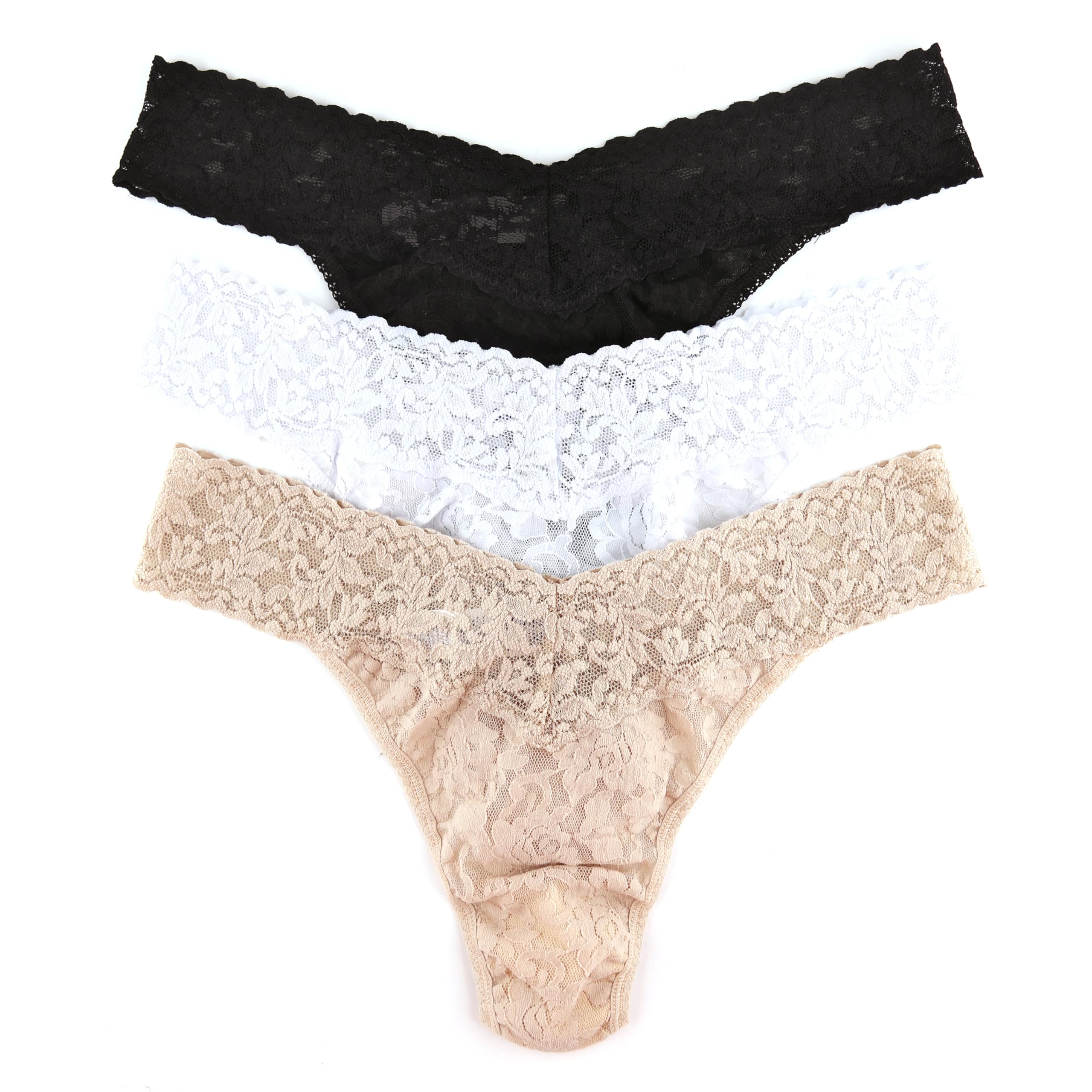hanky panky - Signature Lace Original Rise Thongs for Women (3 pack) | One Size (4-14) | Black/White/Chai | No VPL, Soft Nylon S