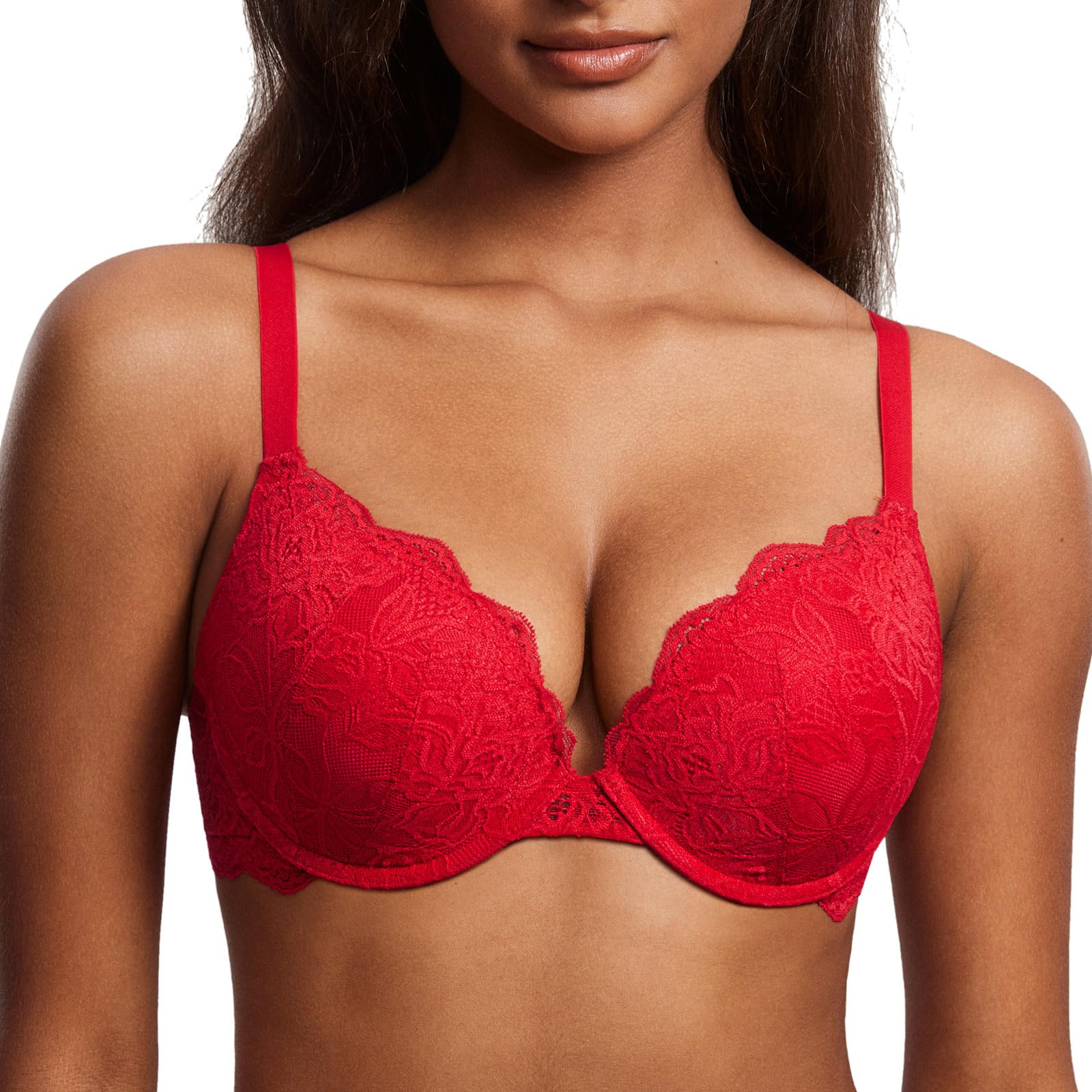 DOBREVA Womens Push Up Lace Bra Underwire Plunge Full Coverage Bras Sexy Plus Size Support Lipstick Red 36B