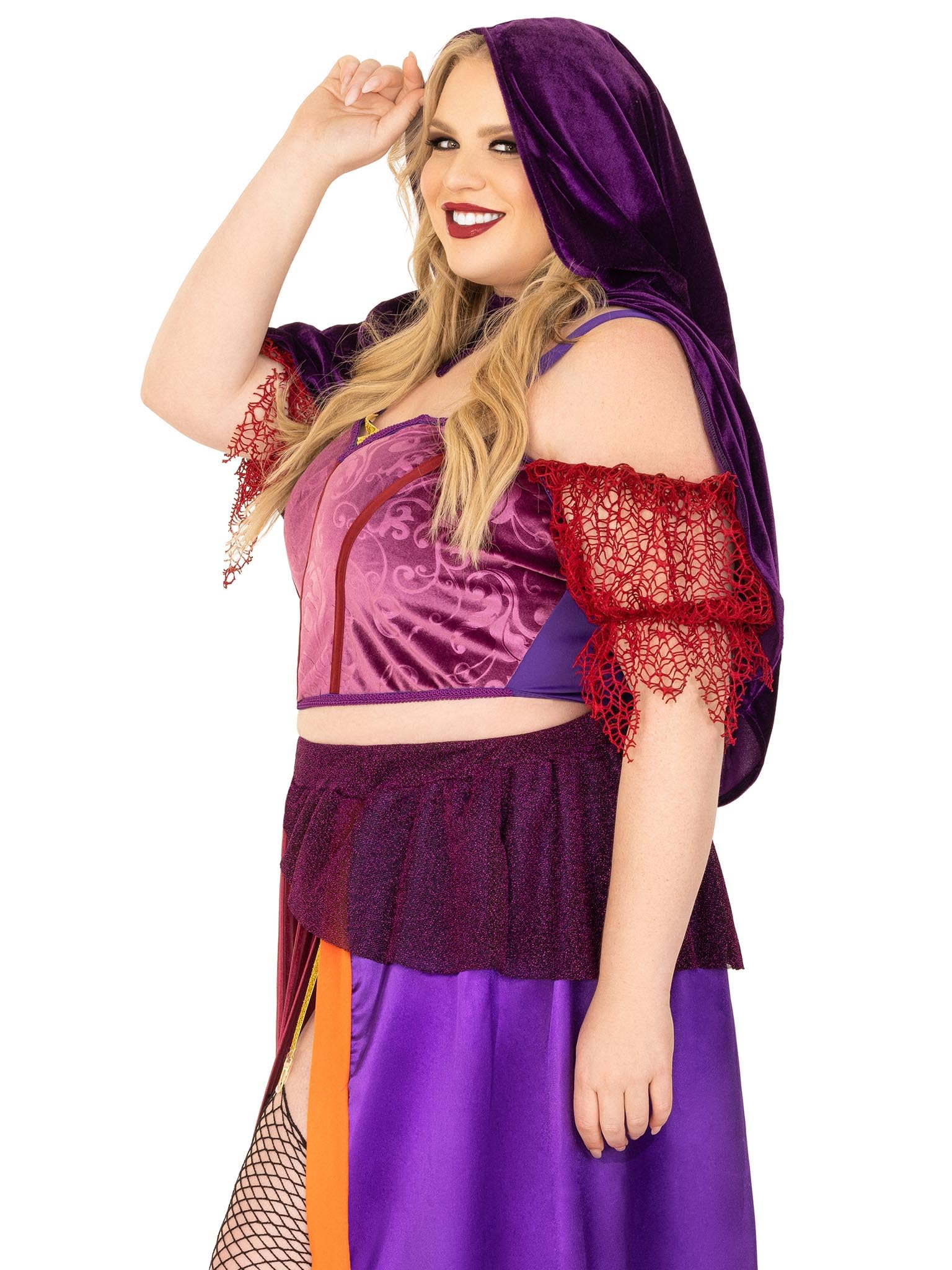 3 Pc Black Magic Babe, Includes Velvet Crop Top With Net Sleeves, Dual Slit Long Skirt With Glitter Elastic Garter, And Collared