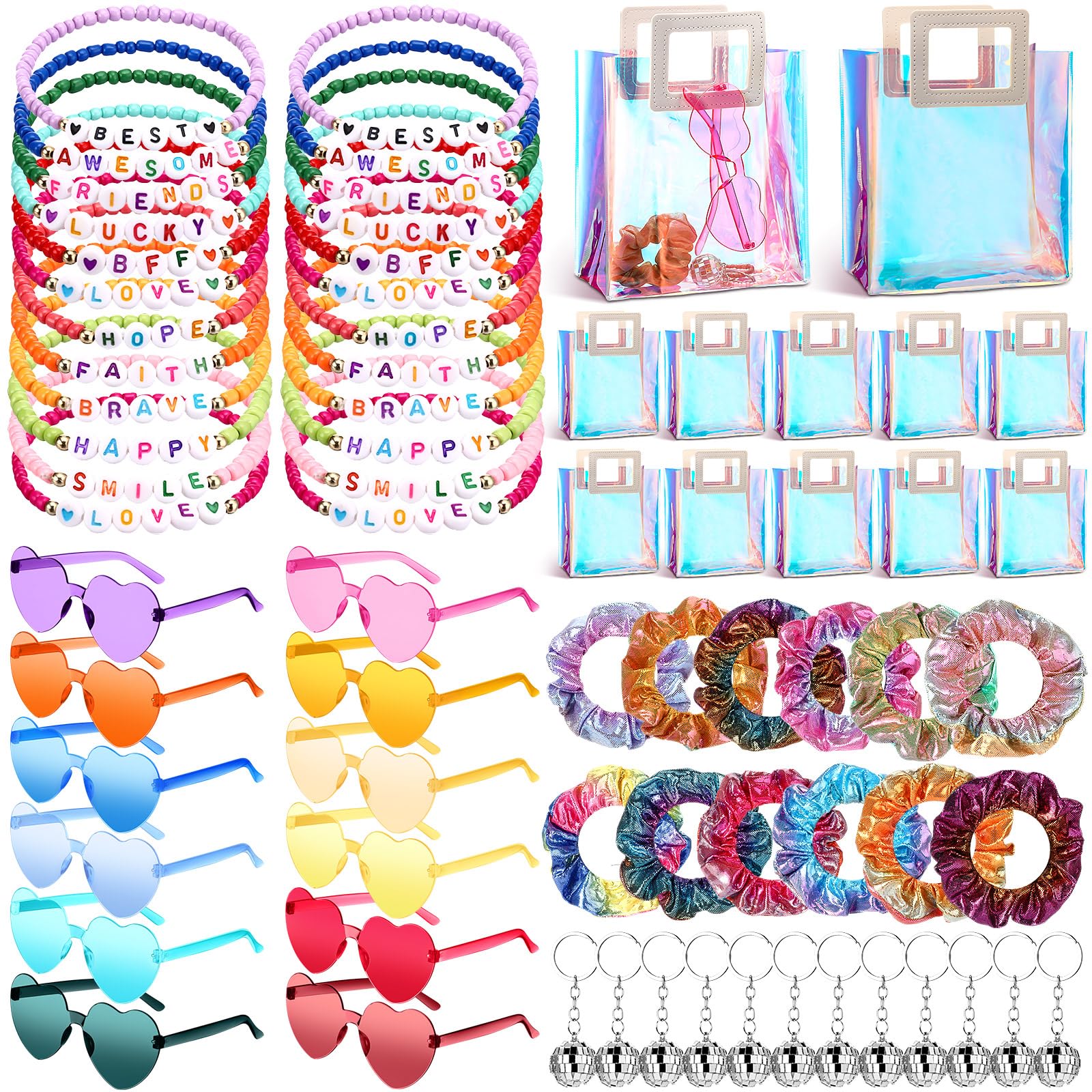 Geiserailie 144 Pcs/24 Set Kpop Party Favors Friendship Gifts Bead Bracelets Disco Ball Keychains Heart Sunglasses Scrunchies Ba