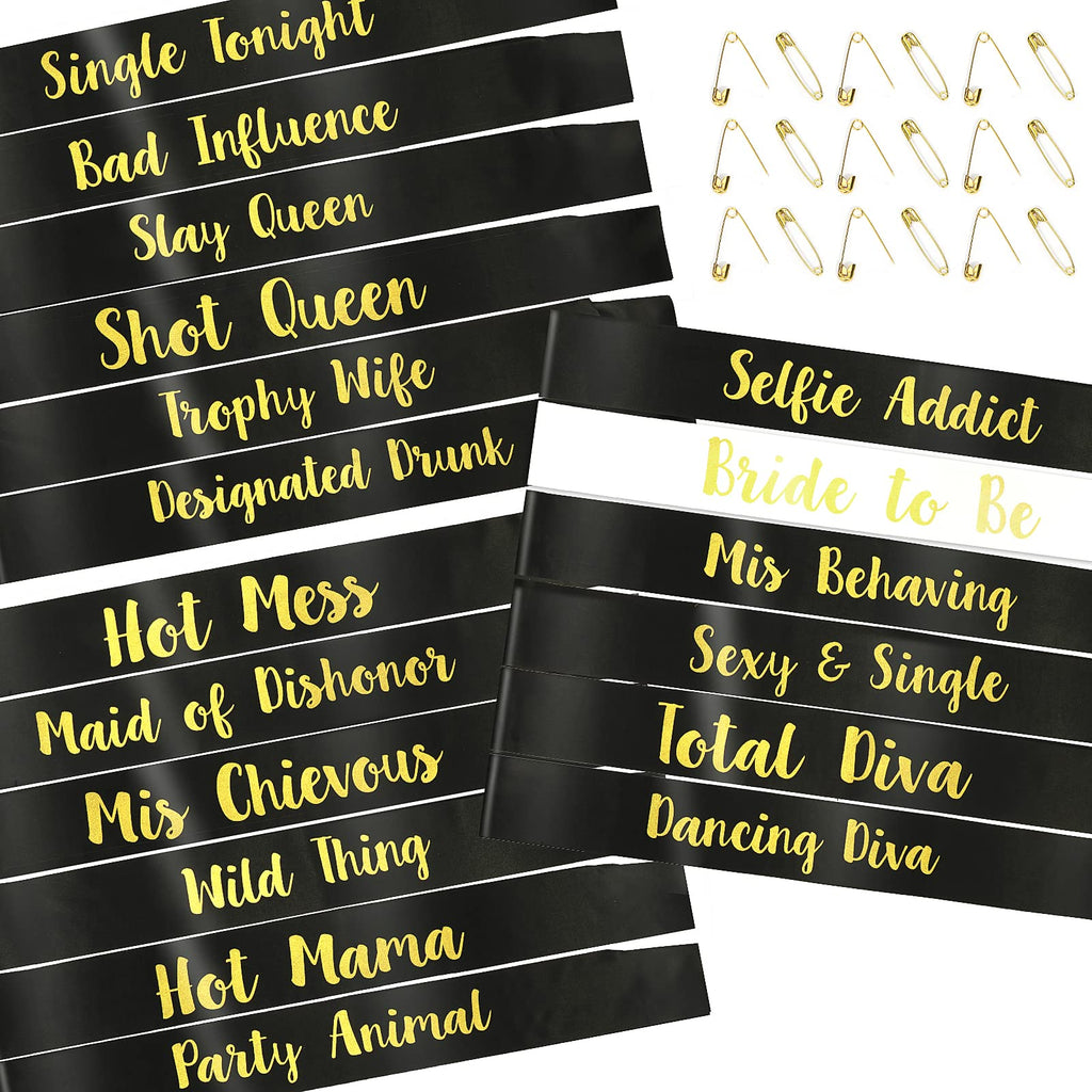 PHOGARY 18 Pack Bachelorette Sashes for Bridal Party - 17 Black Team Bride Sashes with 1 White Bride to Be Sash - Funny Sashes S
