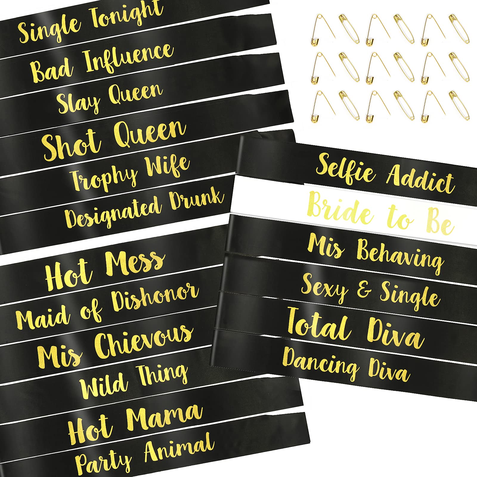 PHOGARY 18 Pack Bachelorette Sashes for Bridal Party - 17 Black Team Bride Sashes with 1 White Bride to Be Sash - Funny Sashes S