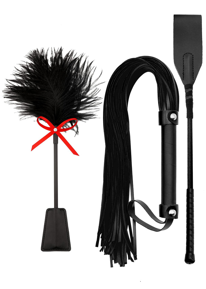 MALINERO Black BDSM Flogger Feather Crop & Spanking Paddle Set Adult Play Collection floggers and Paddles and Whips Sex