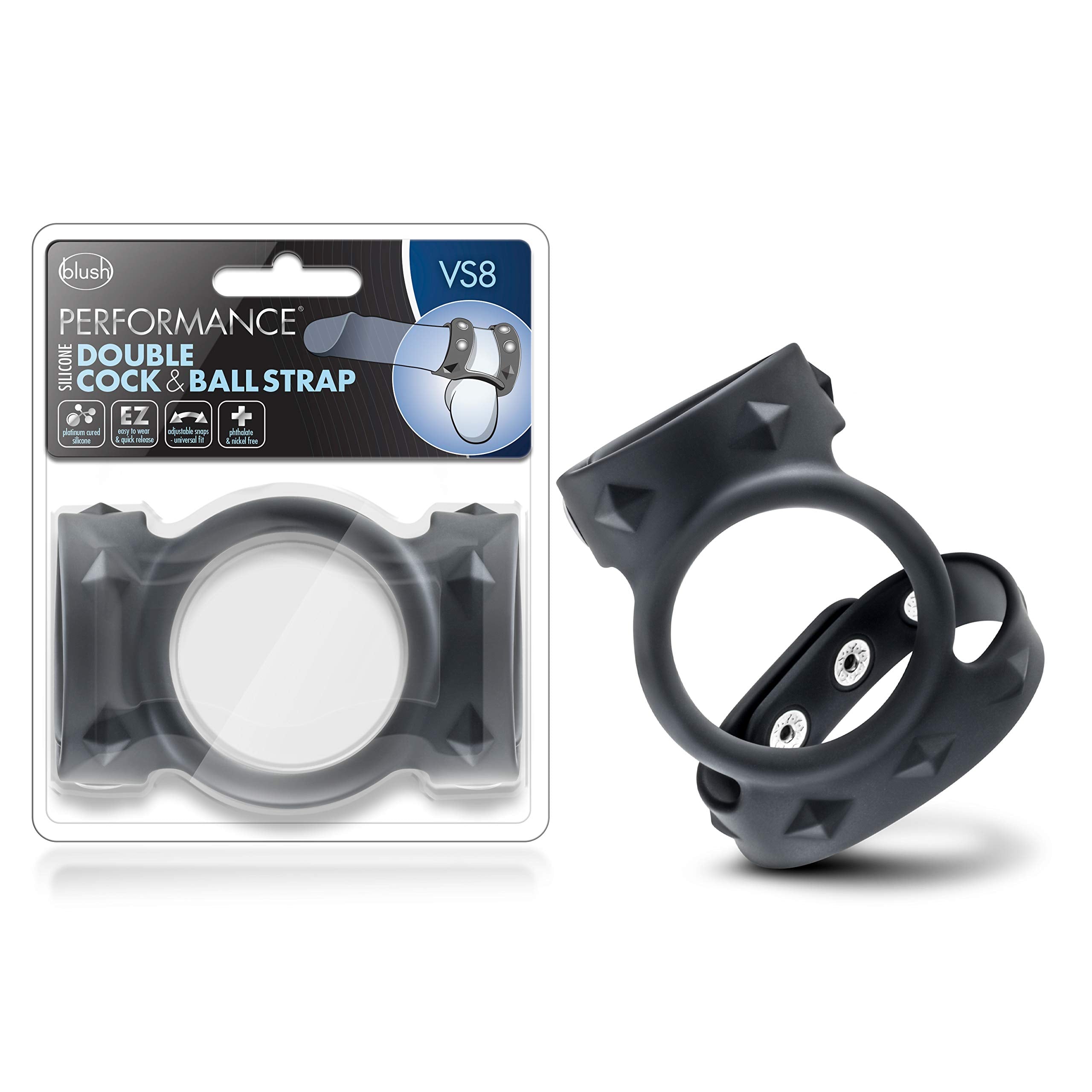 Blush Performance VS8 Double Cock & Ball Strap (9 & 8 Straps, 2.5 Ring) - Puria Silicone + Stainless Steel - Adjustable 3-Snap P