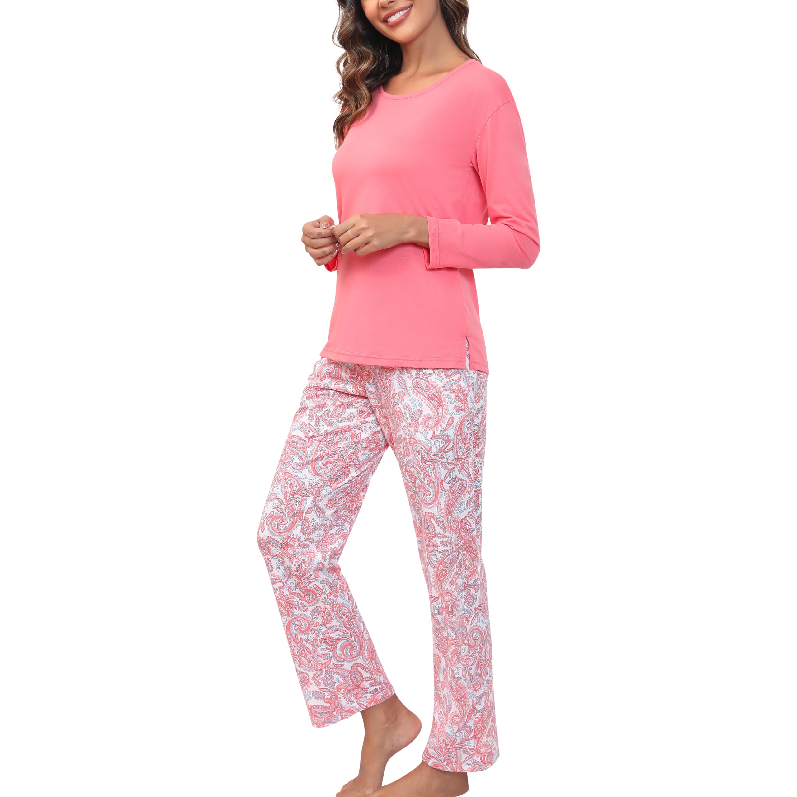 PNAEONG Womens Cotton Long-Sleeve Tops and Full-Length Pajama Set Two-Piece Pjs with Pockets Pink Paisley,2XL