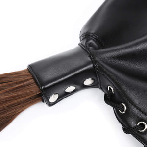 PU Leather Bondage Mask Hood SM Sex Toy with Removable Wig, Unisex Adult Eyes Mouth Open Black Restraint Headgear Mask Hood Brea