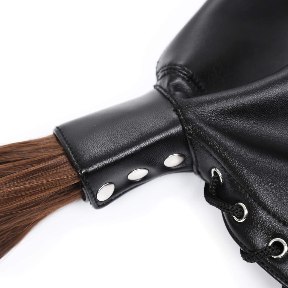 PU Leather Bondage Mask Hood SM Sex Toy with Removable Wig, Unisex Adult Eyes Mouth Open Black Restraint Headgear Mask Hood Brea