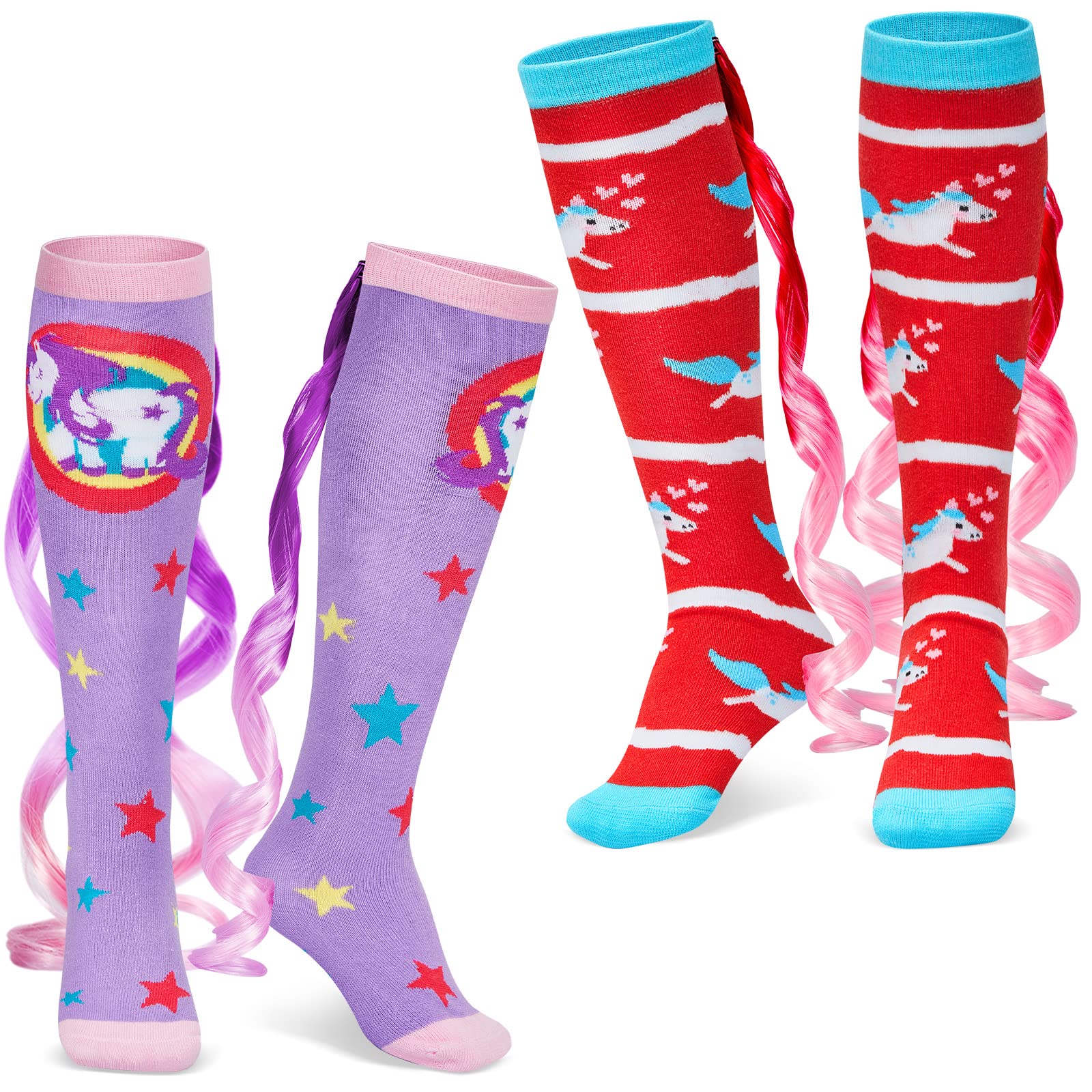 Tarpop 2 Pairs Funny Silly Socks for Girls Woman Wacky Unicorn Mermaid Socks with Wigs Novelty Crazy Funny Gift for Halloween(Re