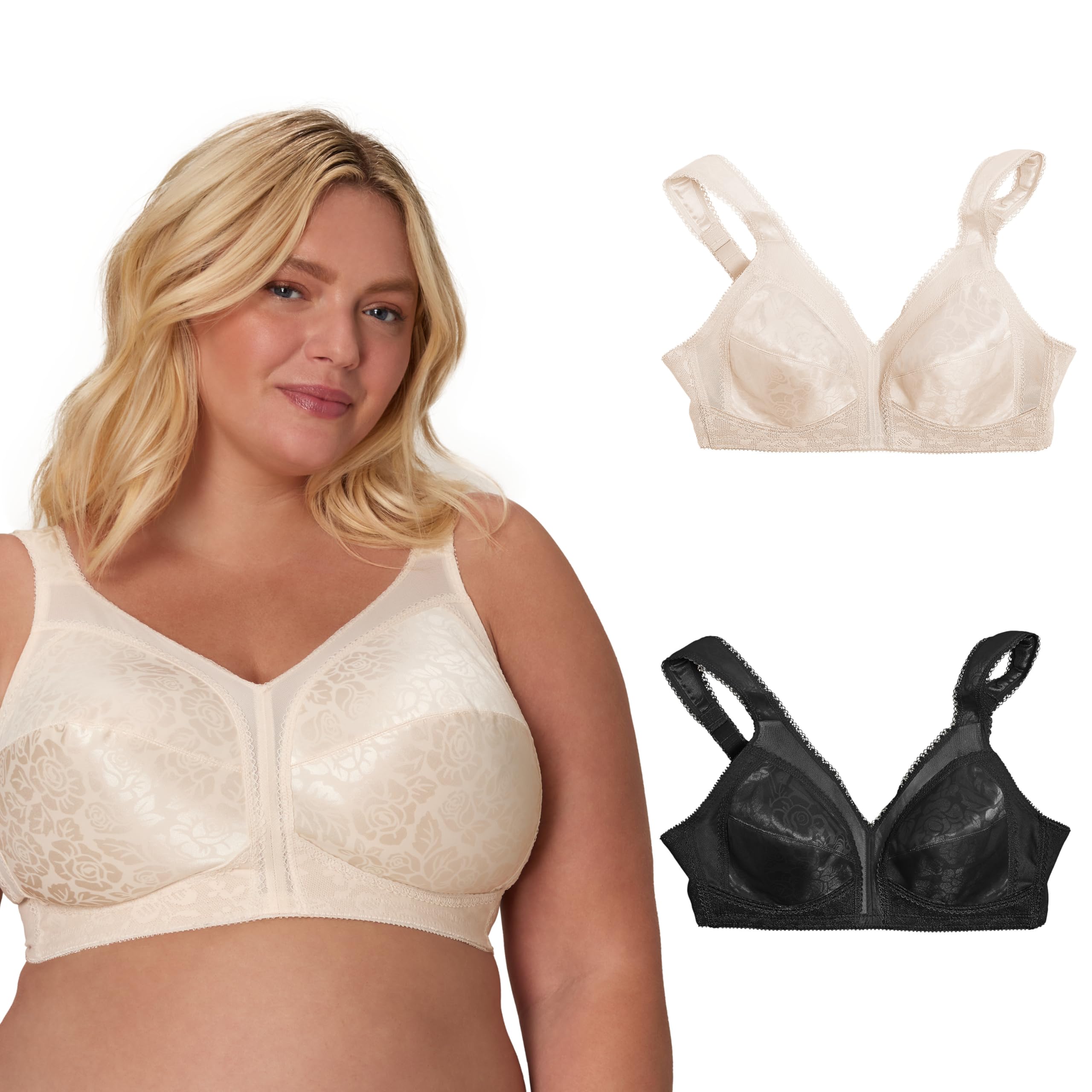 Playtex Womens 18 Hour Comfort-Strap Wireless, Full-Coverage Bra, Single, Natural Beige/Black, 2-Pack