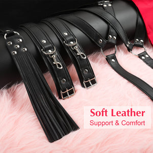 Sex Bondage BDSM Kit Restraints - 7PCS Set Neck to Wrist Behind Back Handcuffs Collar Waist Strap Blindfold Whip, Soft Leather B
